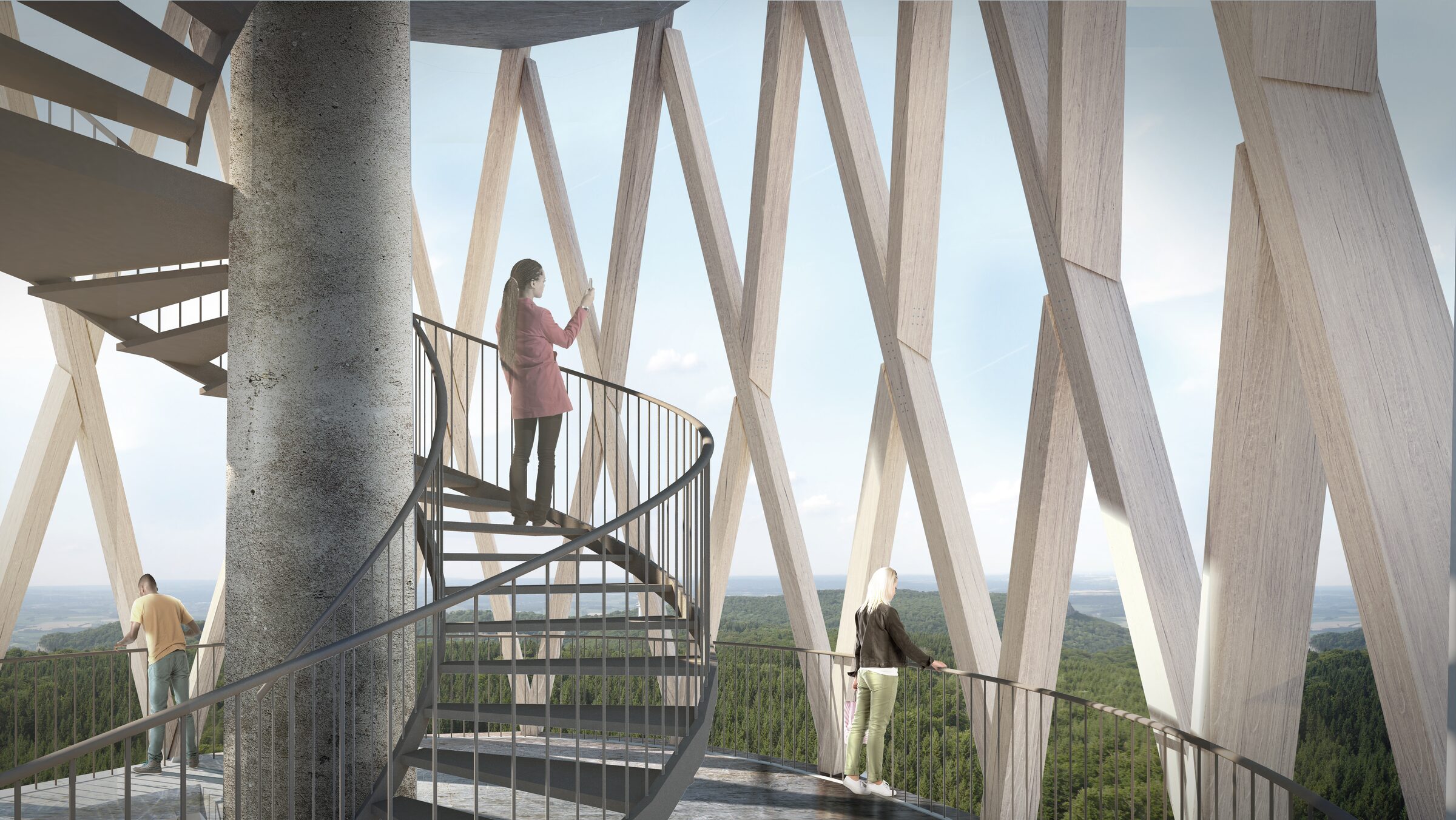 Design visualisation of the viewing platform in the timber tower with visitors on the stairs