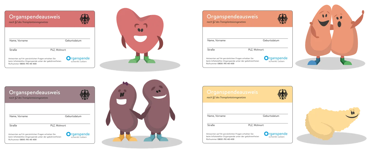 Four original personalised donor card concepts in the character colours