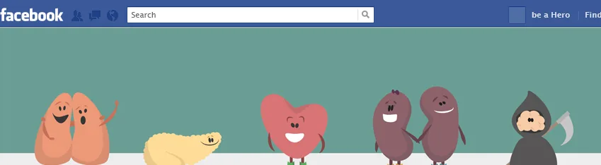 Cover of the be a Hero fan page concept: the five characters in a row on the campaign green, in a Facebook page layout