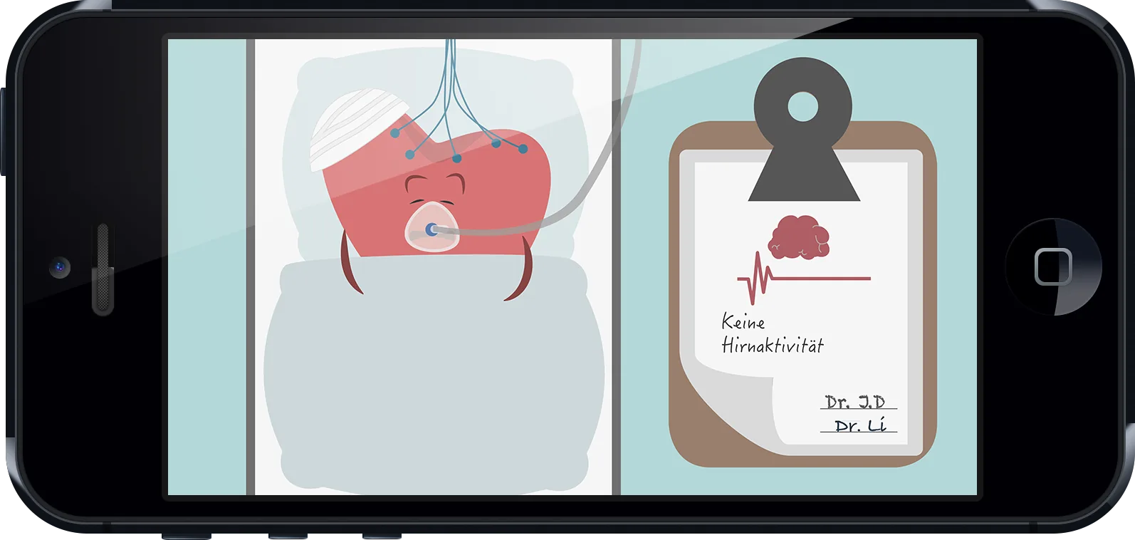 Original game concept: after an accident, the heart character lies in a hospital bed on a ventilator; a clipboard signed by two doctors reads ‘Keine Hirnaktivität’ (no brain activity)