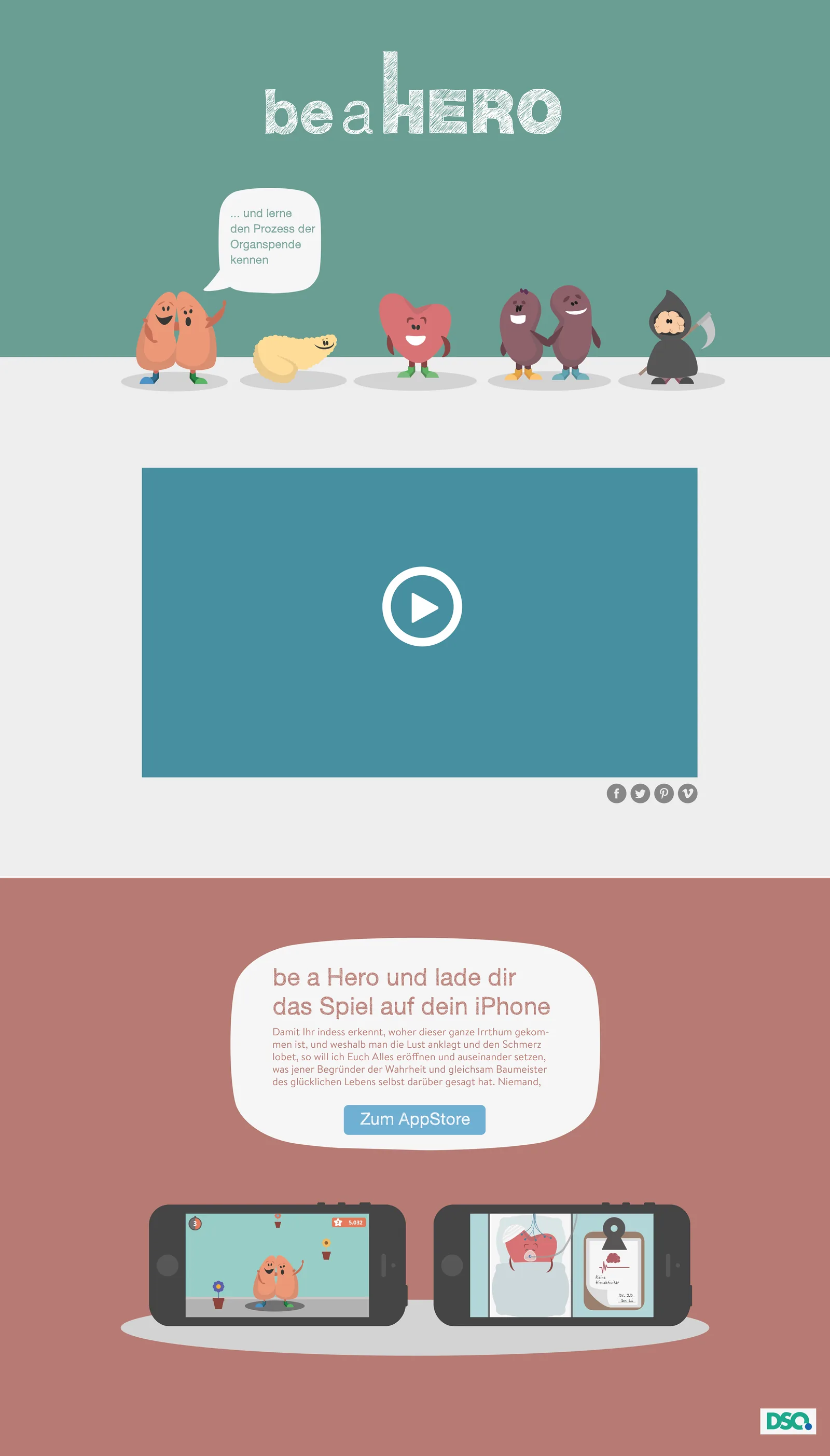Top of the original be a Hero microsite mock-up, showing characters, trailer and game introduction