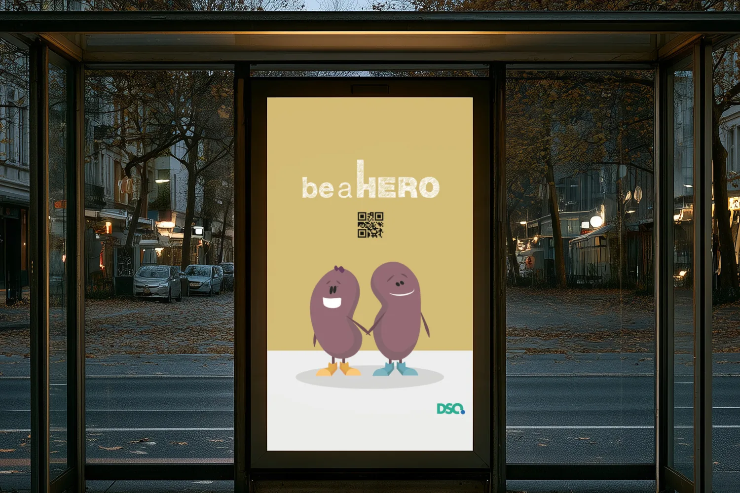 Second original be a Hero poster with the kidney characters, placed in a generated photo of a bus shelter at dusk