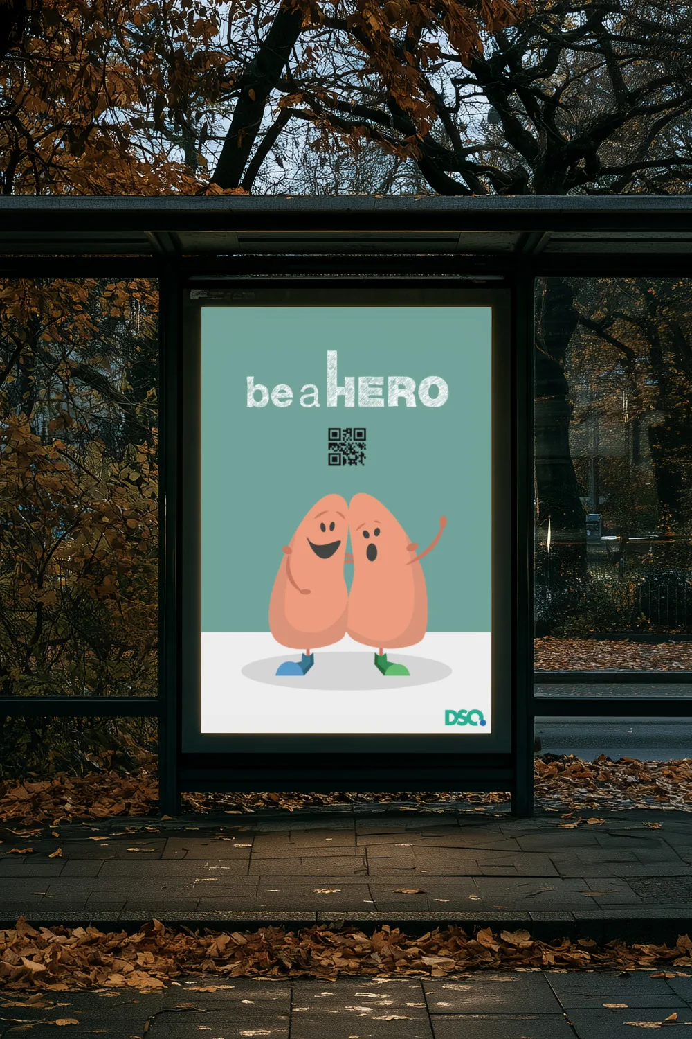 Original be a Hero poster with the lung character, placed in a generated photo of a bus shelter