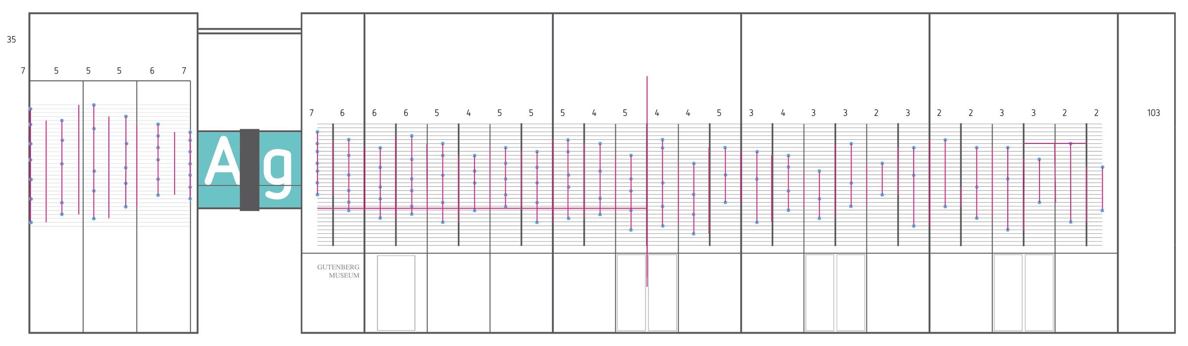 Elevation of the whole museum façade with the positions of all LED bars marked in pink, the bridge with the letters Ag in the middle