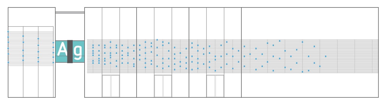 Elevation of the museum façade with light points concentrated towards the bridge
