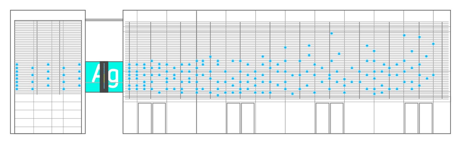 Elevation of the museum façade with evenly scattered light points and the letters Ag on the bridge