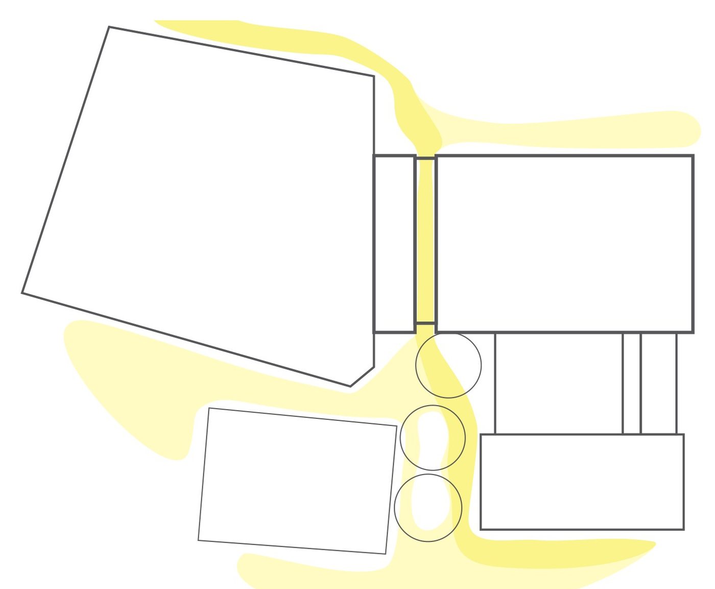 Site plan of the Liebfrauenplatz with the museum buildings, the bridge and the main walking routes shaded in yellow