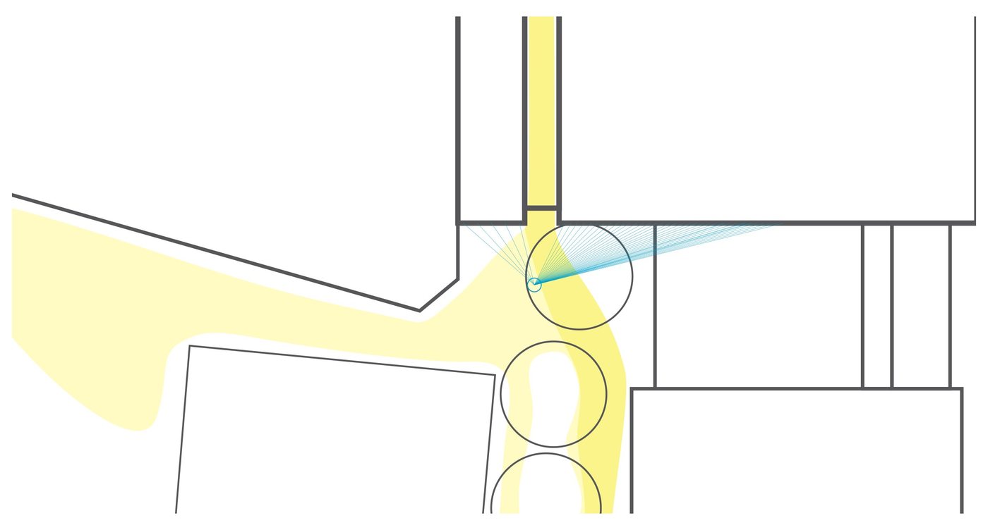 Detail of the site plan with a sight cone from the square towards the bridge