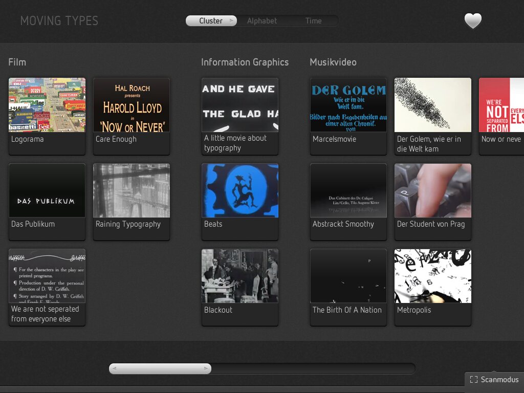 Library of the 2011 exhibition app: films grouped by category with thumbnails