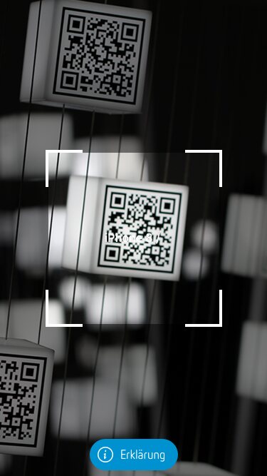 Scanner of the 2018 augmented reality book app pointed at a QR cube