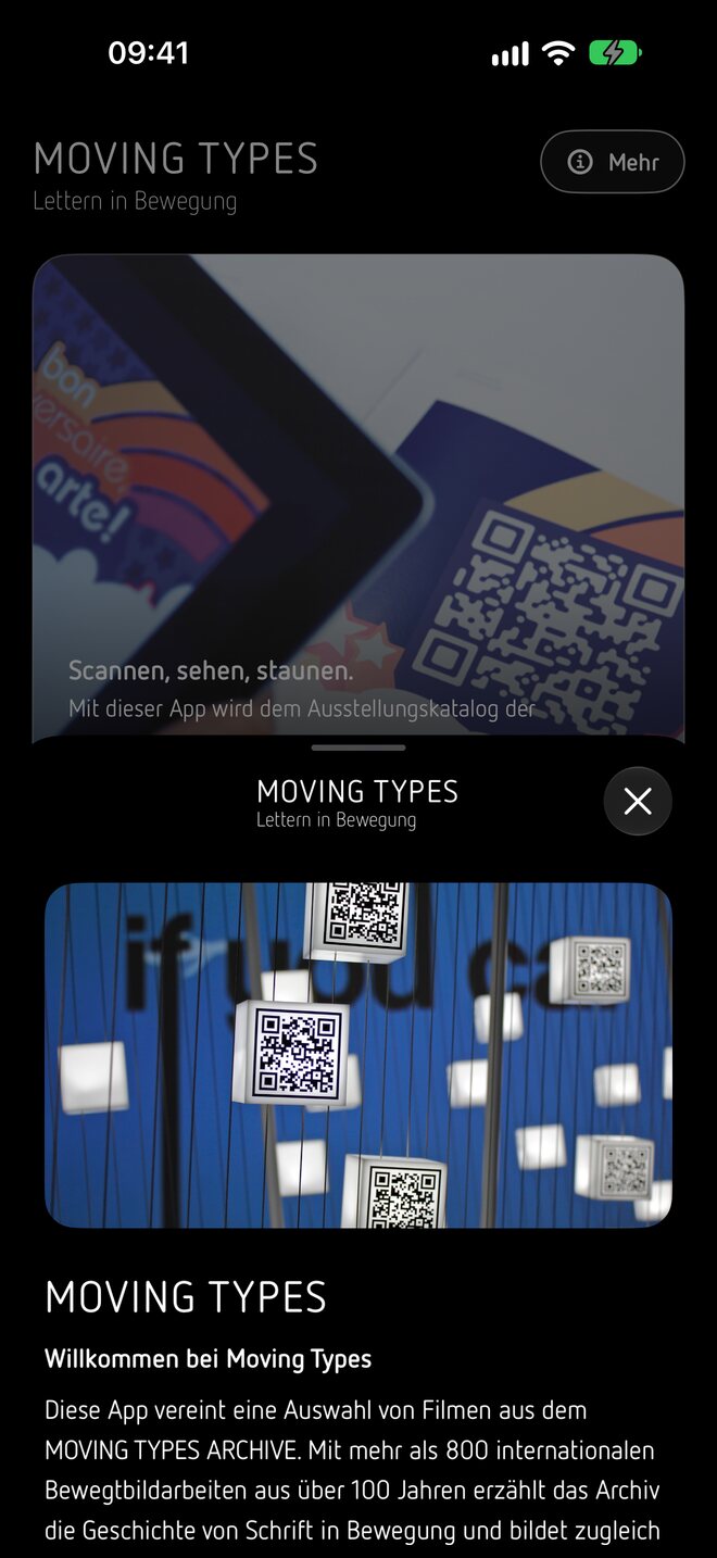 App 3.0 information screen on iPhone about the Moving Types archive