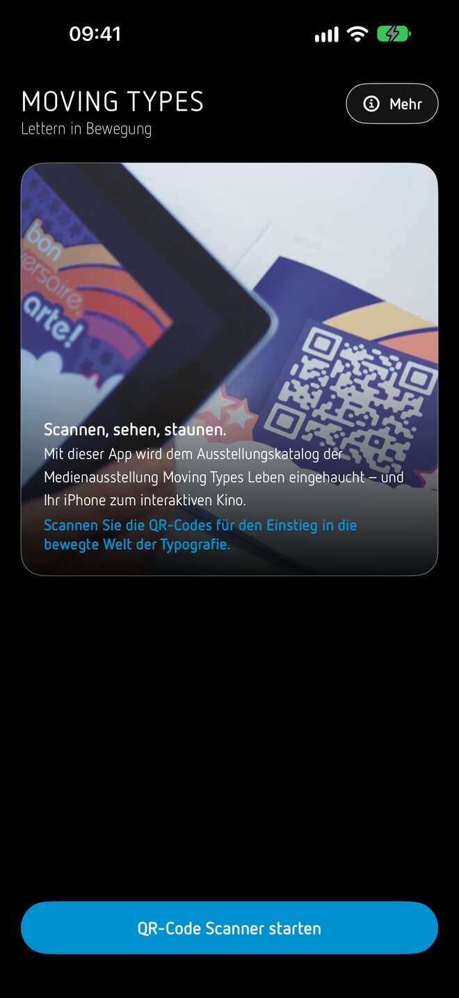 Start screen of App 3.0 on an iPhone with the Moving Types catalogue