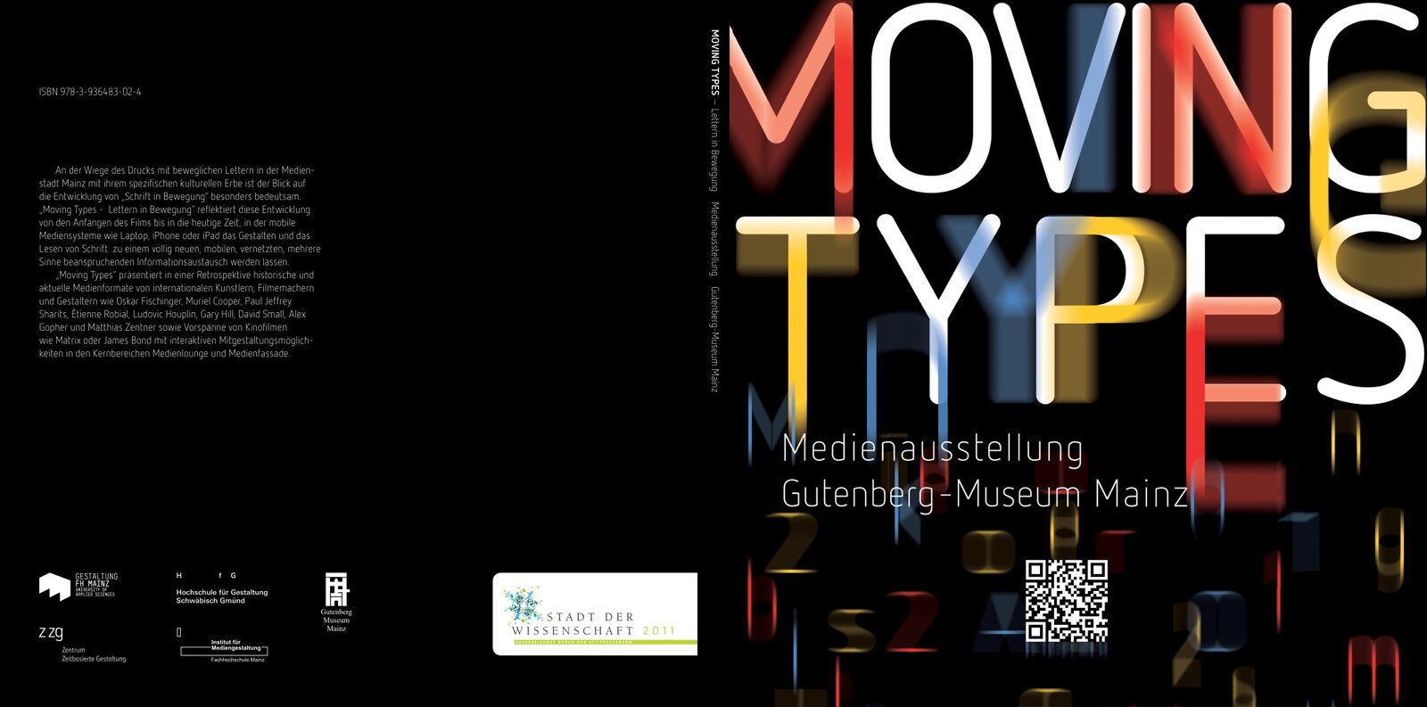 Wraparound cover of the Moving Types catalogue: the title in overlapping red, yellow and blue letters on black