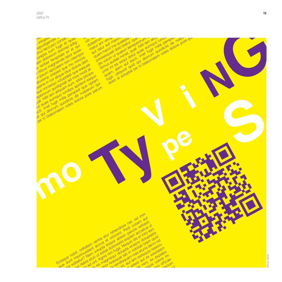 Catalogue page: a QR code set in moving purple letters on yellow