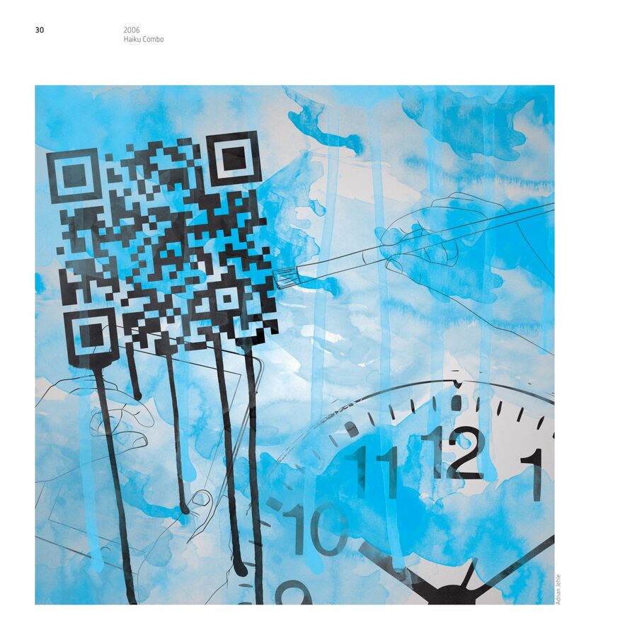 Catalogue page: a QR code dissolving into blue paint beside a clock face