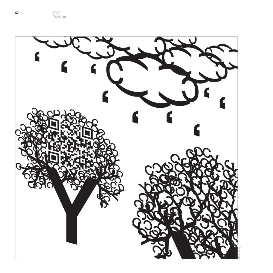 Catalogue page: two trees whose crowns are made of tiny QR codes and letters