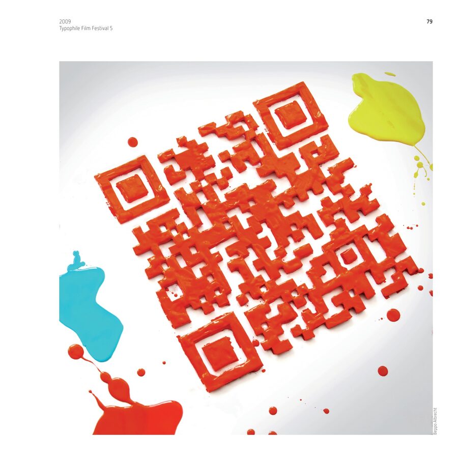 Catalogue page: a QR code built from red paint with blue and yellow splashes