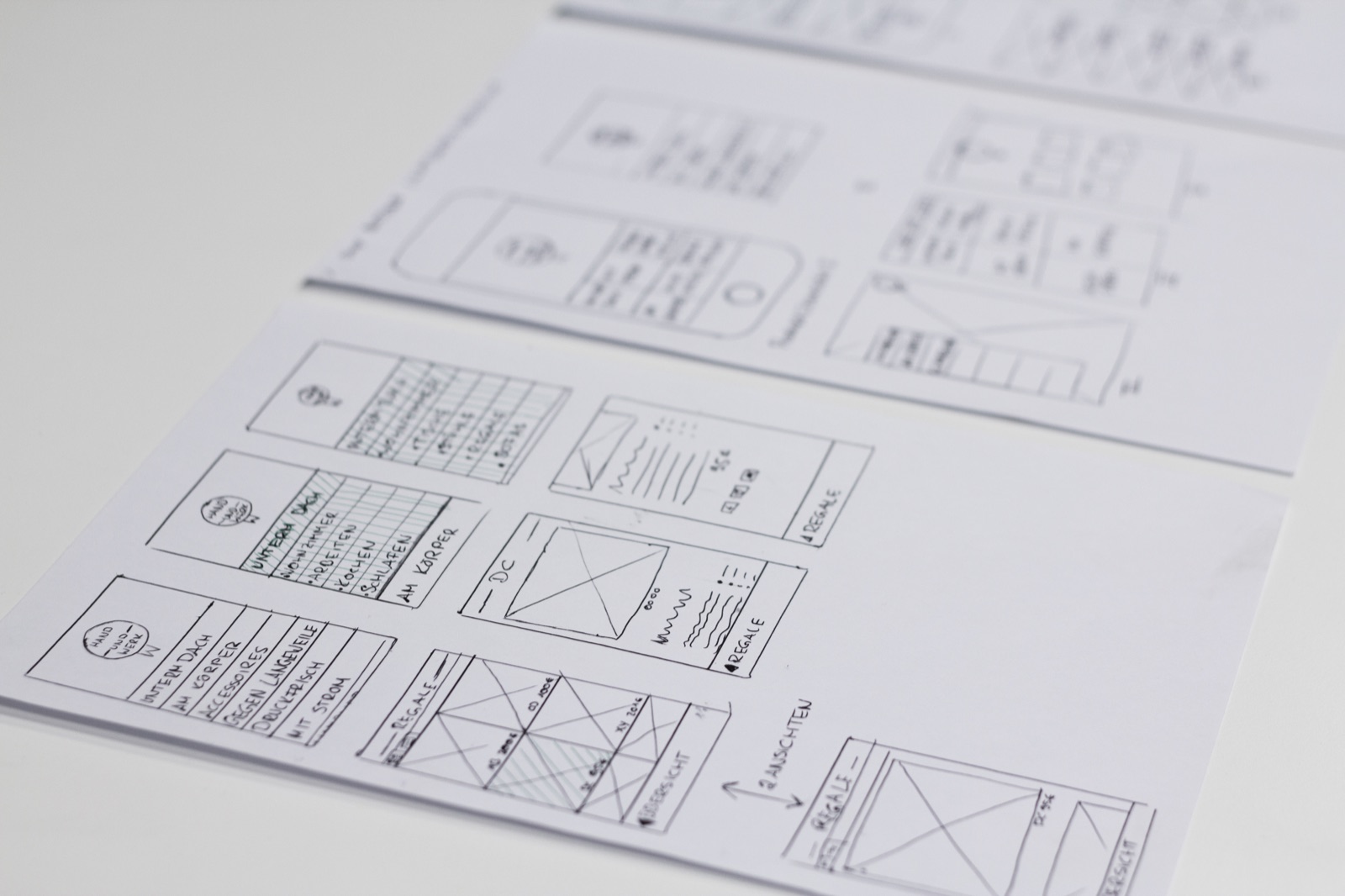 Hand-drawn screens exploring the companion app for makers and designers