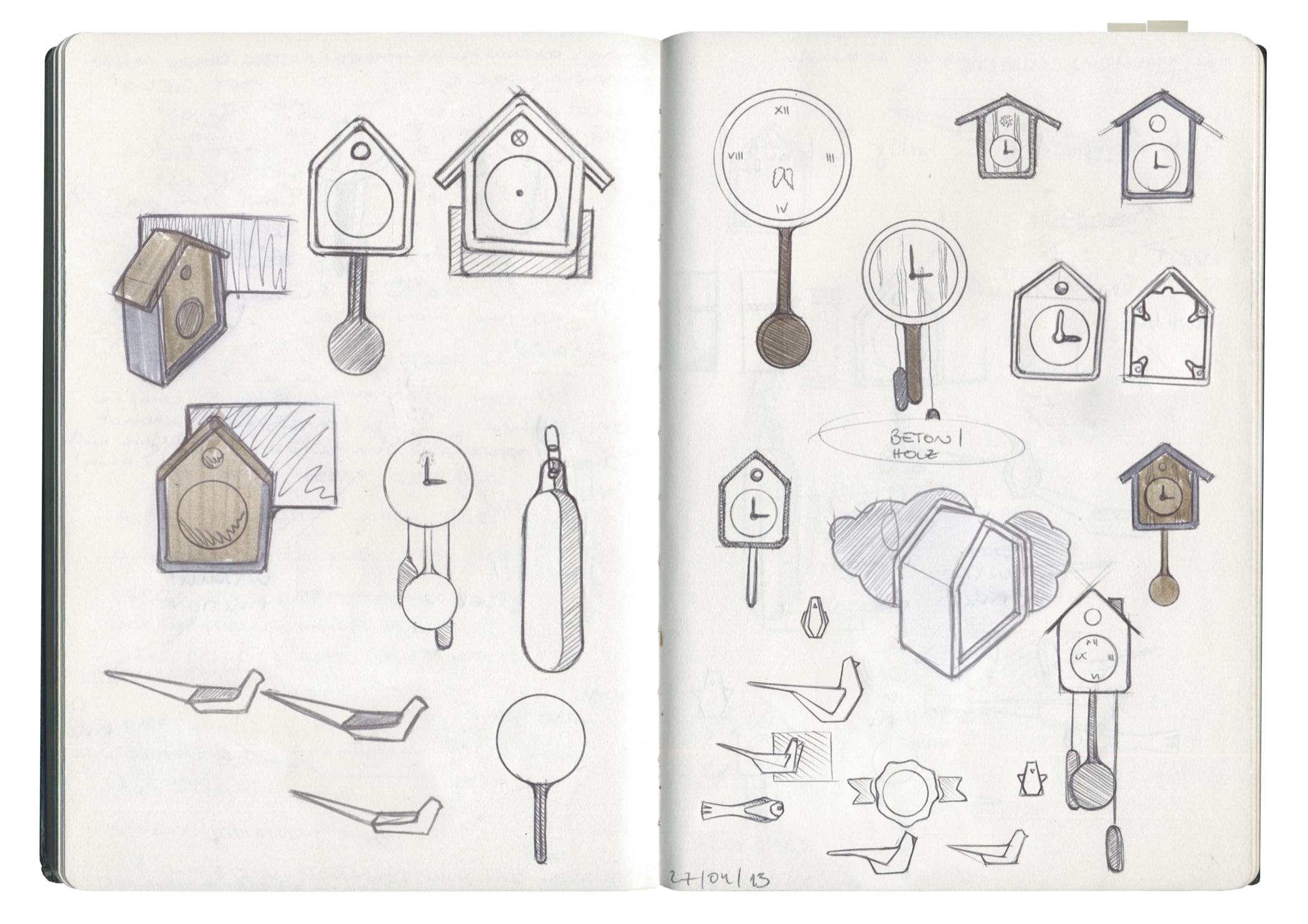 Original sketchbook spread showing multiple concepts for Brunhilde's cuckoo clock shape, dial and pendulum