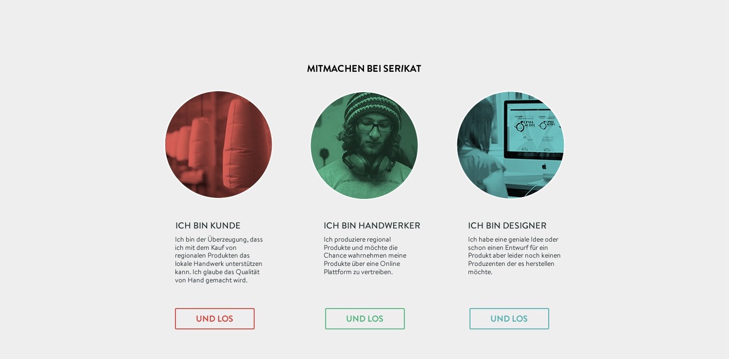 Original SERIKAT homepage design from 2014, inviting customers, craftspeople and designers through three separate entry points