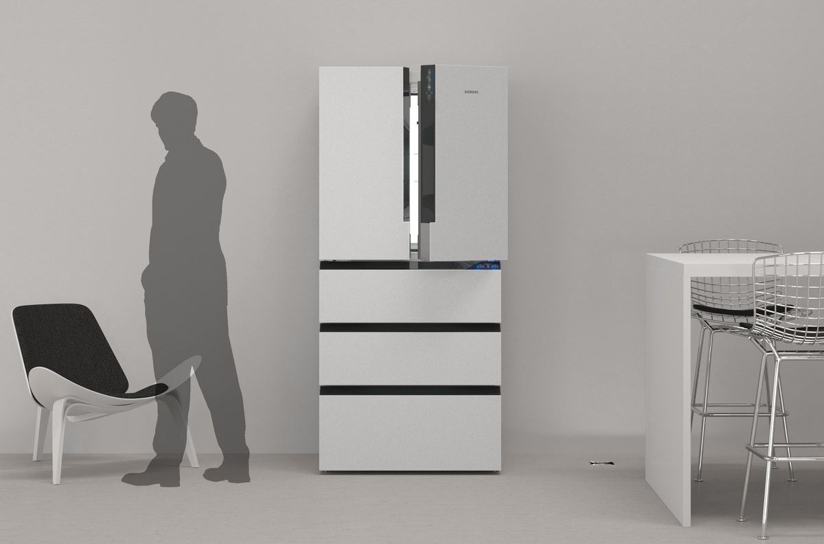 Rendering of a white refrigerator with a person walking past it in a bright room; displays blurred