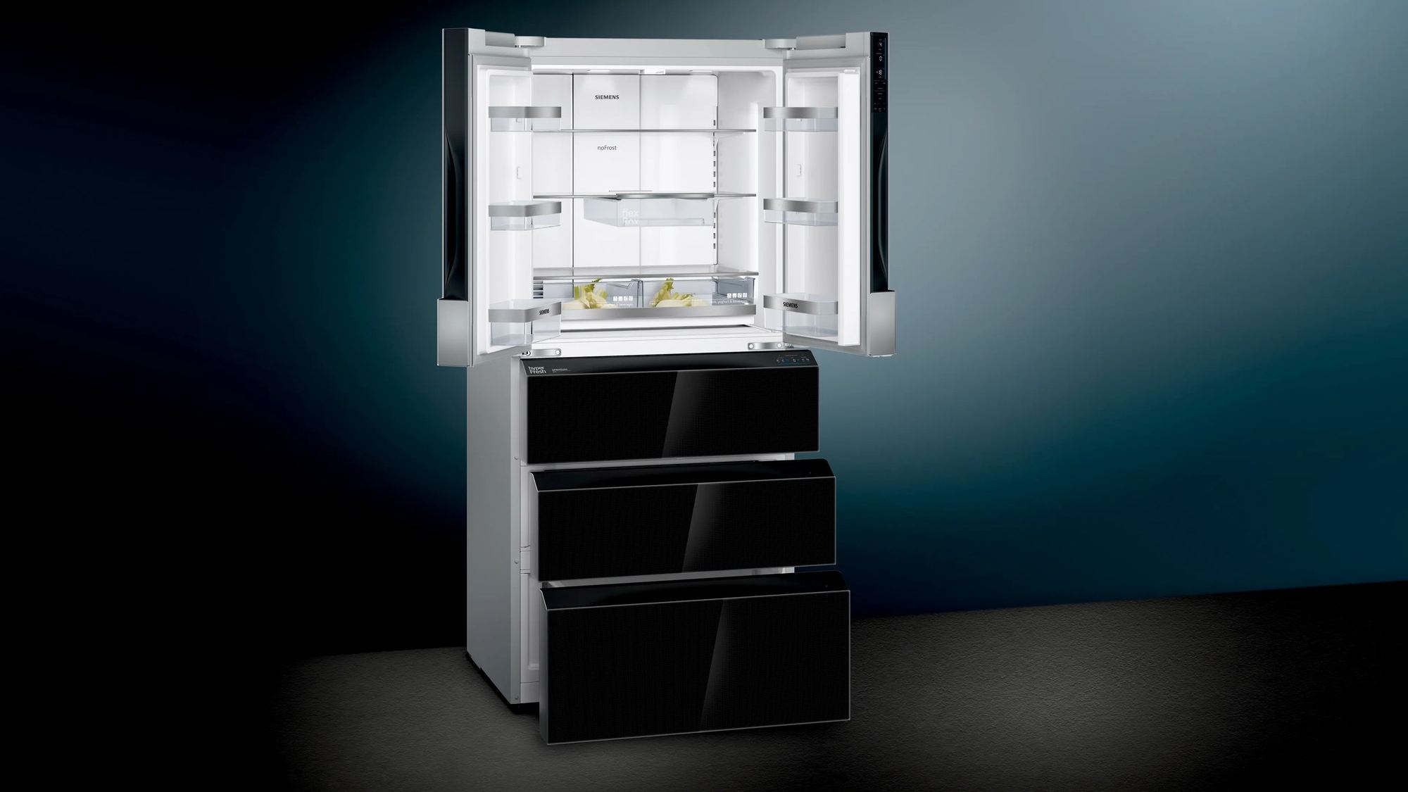 A black French-door refrigerator with three drawers on a dark stage, its doors lit by thin blue light lines